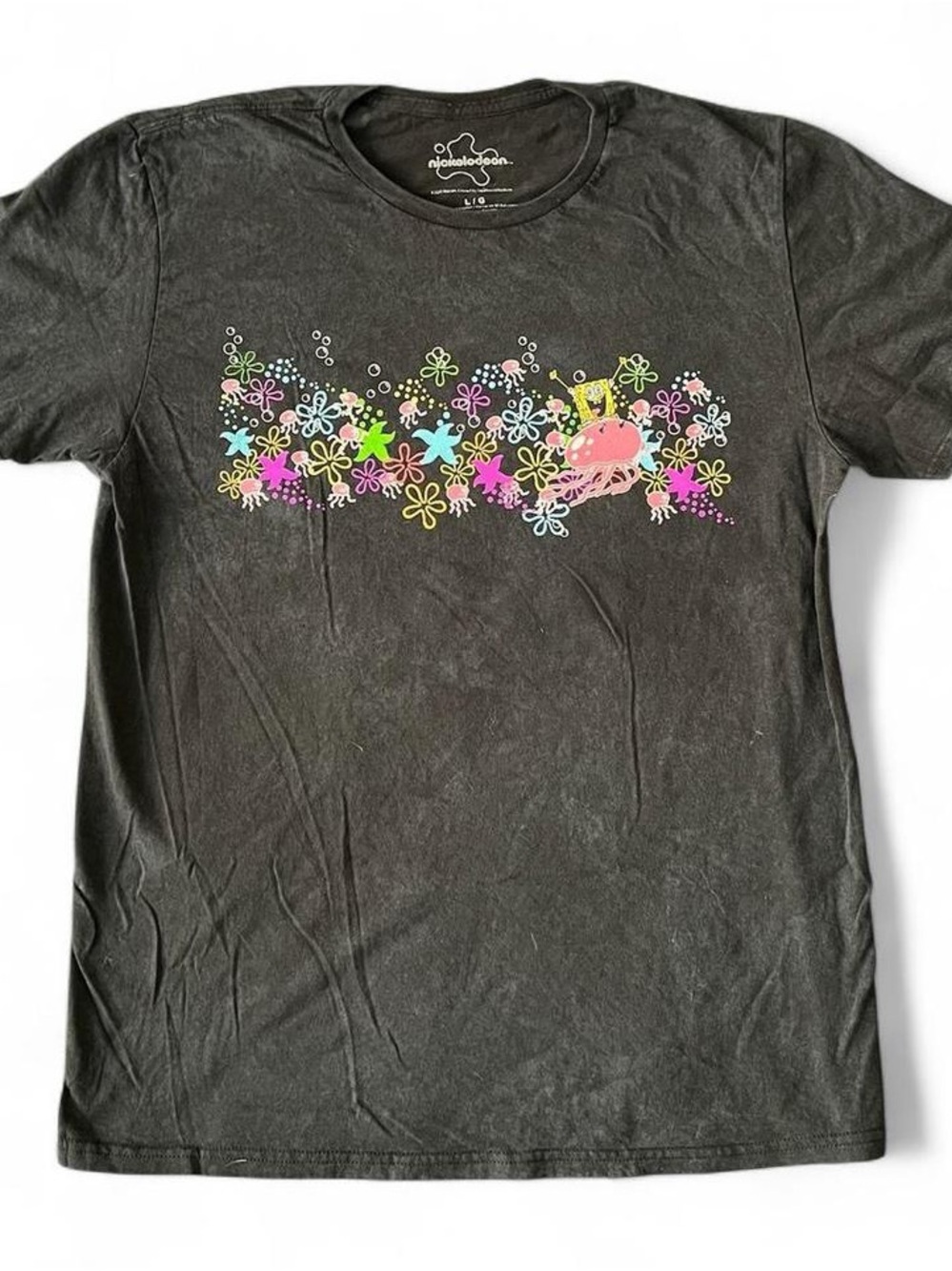 Nickelodeon Black Tee with Multicolor Floral & Character Print